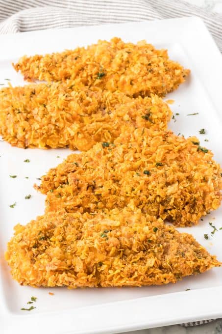 Chicken coated with an easy cornflake seasoned coating.