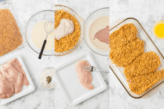 Process photos for making Cornflake Chicken.