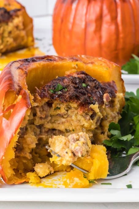 Pie pumpkin with a sausage and cornbread stuffing.