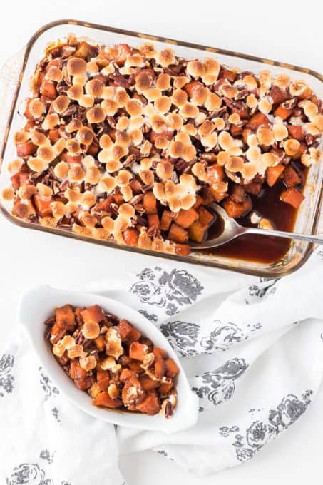 Marshmallows, pecans, molasses in a sweet potato casserole.