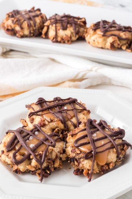 Pecan shortbread cookies with caramel centers.