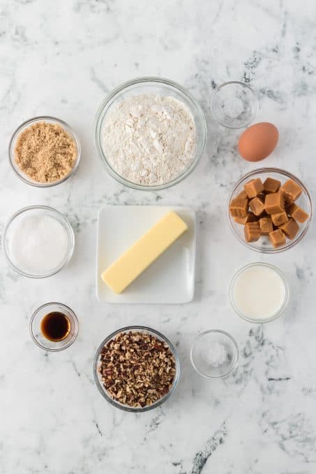 Ingredients for Caramel Thumbprint Cookies.