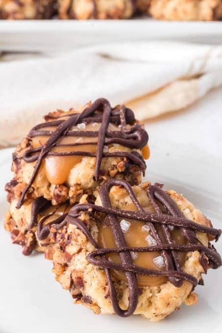 Salted Caramel Cookies drizzled with Chocolate.