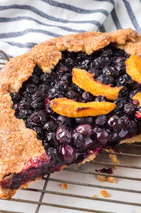 Peaches and blueberries in a galette.