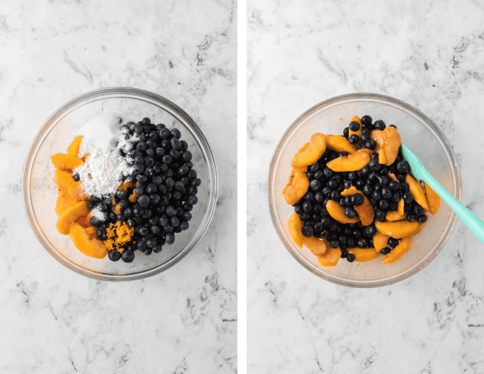 First set of process photos for making a blueberry peach galette.