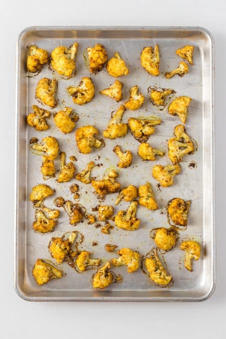 Roasted cauliflower that has just come out of the oven.