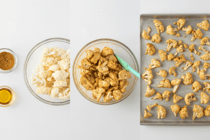 Roasted Curry Cajun Cauliflower process photos.