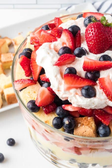 Pound cake, strawberries, blueberries, pudding, and whipped cream.