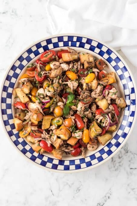 A bowl of bread salad with tomatoes, mozzarella and more.