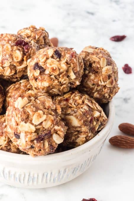 Bites of oats, honey, almond butter, flax seed, dried cranberries and almonds.