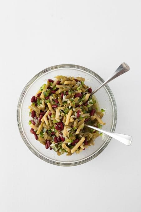 A bean salad that's been tossed in the dressing.
