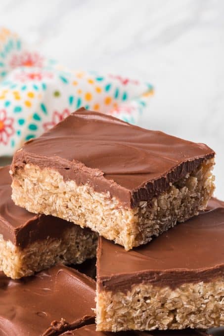 Chewy oatmeal bars with chocolate peanut butter.