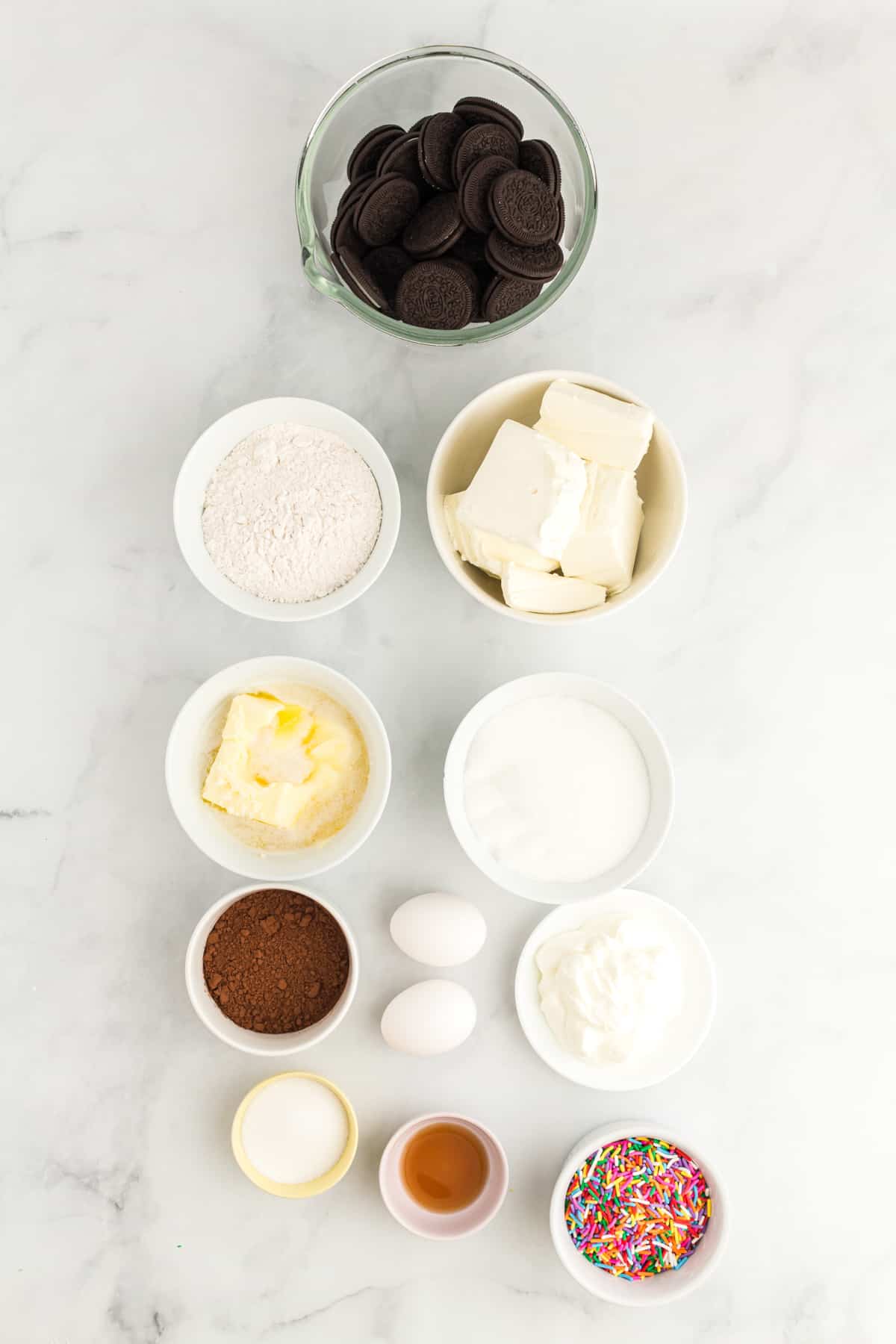 Ingredients for Funfetti Oreo Cheesecake Bars