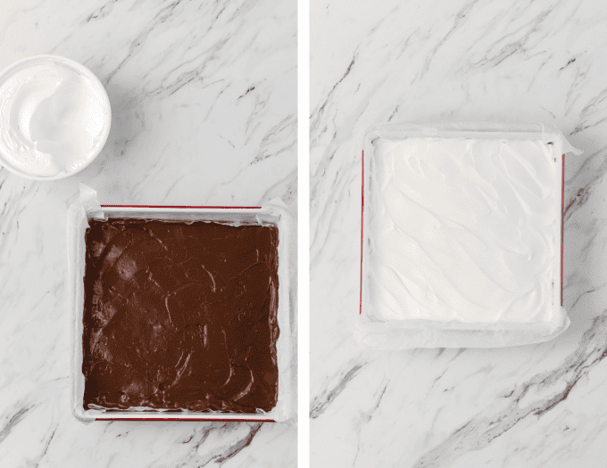 Second set of process photos for no bake Chocolate Dream Bars.