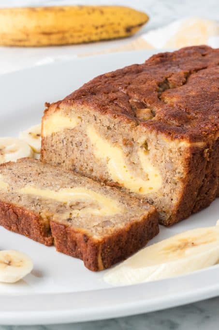 A quick banana bread filled with cream cheese.