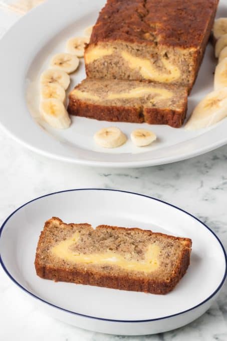 A sweet cheese swirl in a banana quick bread.