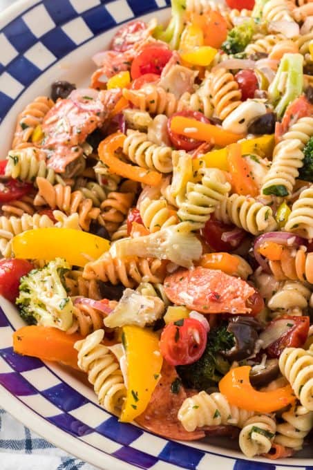 Tri-colored rotini pasta make this pasta Italian salad a great dinner on a hot summer day.
