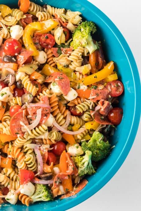 A mixed pasta salad ready to be served.
