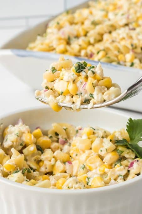 A bite of an easy corn pasta salad.