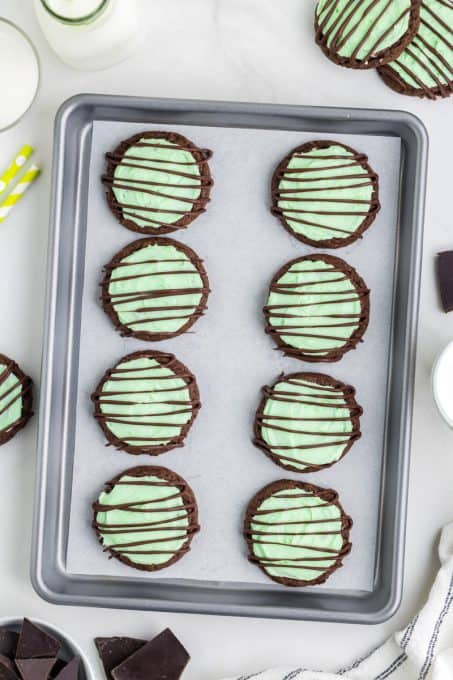 Chocolate drizzled cake mix cookies.