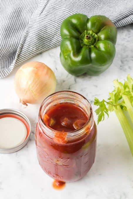 A grill sauce of green pepper, onion, celery, and more.