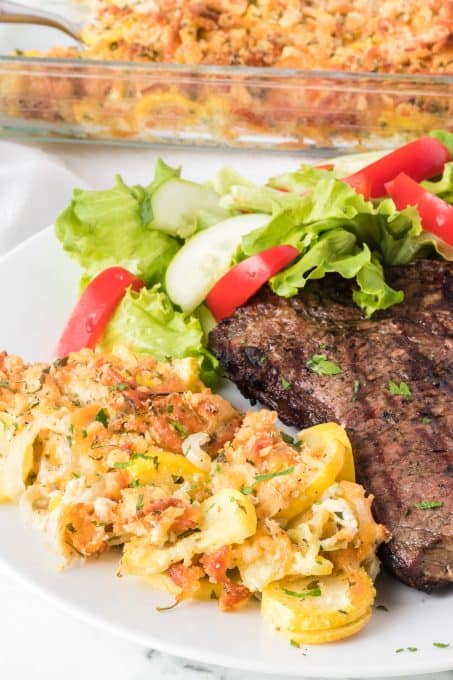 Yellow squash in a side dish casserole.