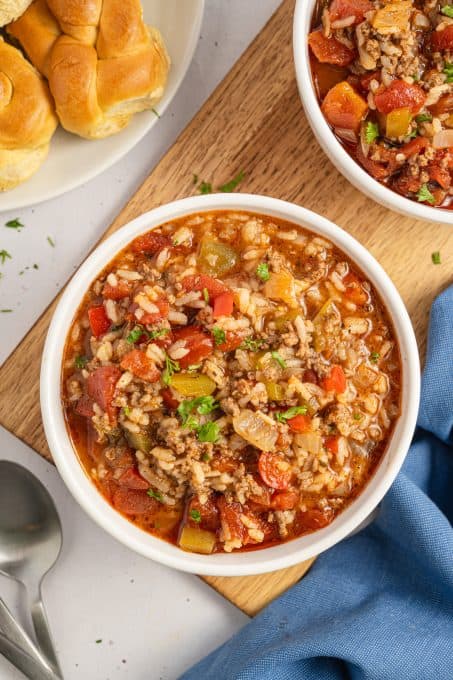 Pepper soup with rice, onions and ground beef.