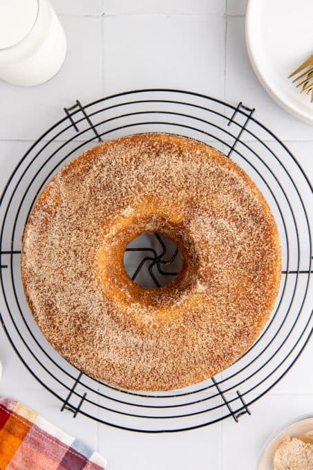 A finished apple cider cake coated with cinnamon sugar.