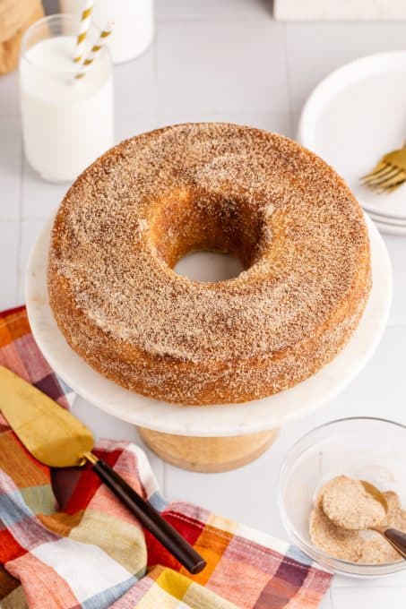 Apple pie coated with sugar and cinnamon.