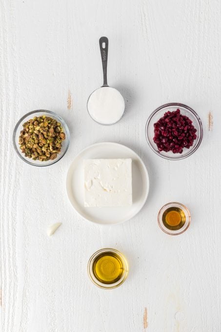 Ingredients for Whipped Feta Cheese with Arils and Pistachios.