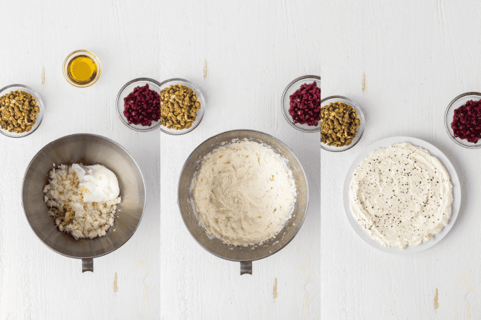 Whipped Feta Cheese with Arils and Pistachios process photos.