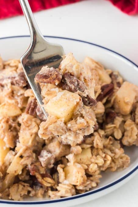 A bite of apple oatmeal baked in the oven.