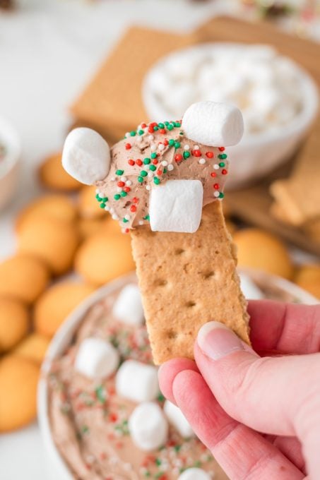 A bite of dessert hot cocoa dip.