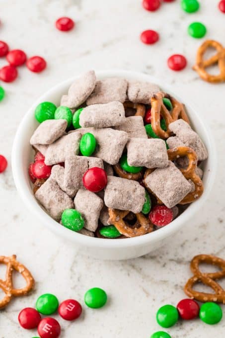 Reindeer Puppy Chow with Christmas M&M's and pretzels.