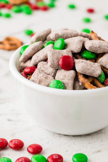 Christmas M&M's, pretzels and chocolate peanut butter coated Chex cereal.