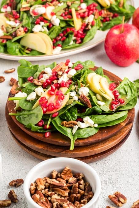 Apple slices and feta with spinach and arils topped with a light vinaigrette.