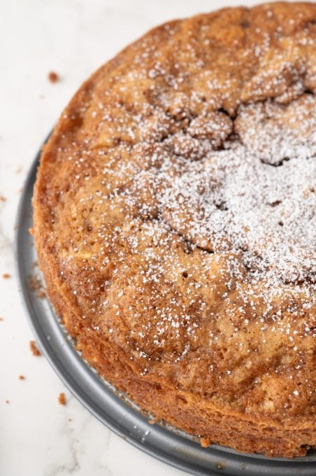 Powdered sugar on a Fall cake with apples.