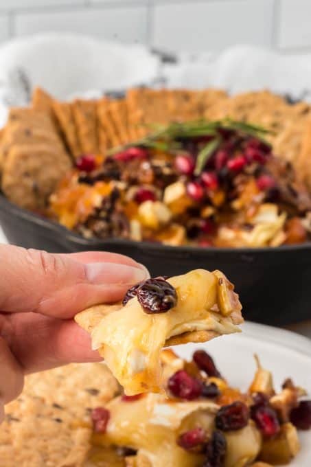 A bite of brie baked in the oven.