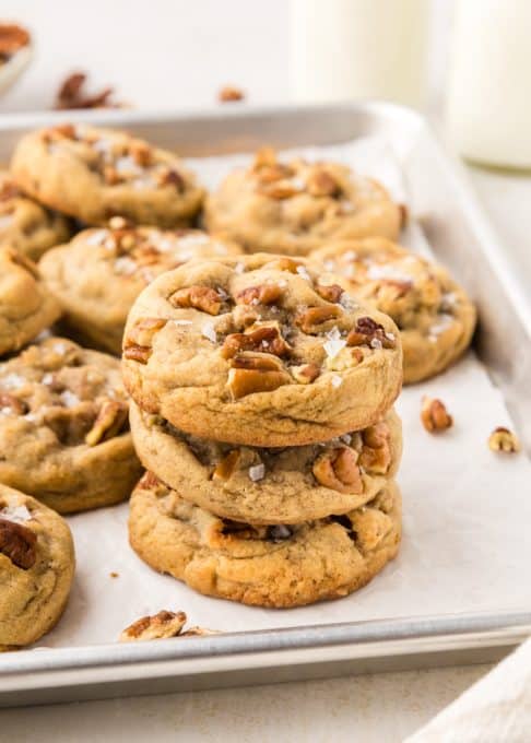 A stack of easy cookies made with pecans.