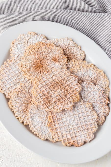 Cinnamon sugar dusted Italian waffle cookies.