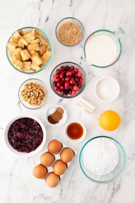 Ingredients for Cranberry Orange Bread Pudding.