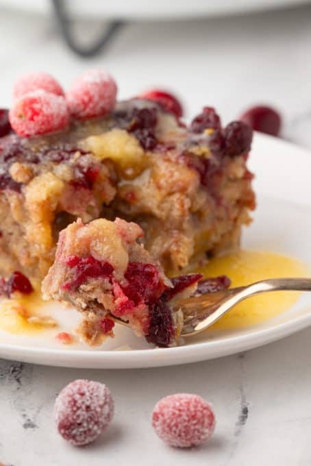 A bite of Cranberry Orange Bread Pudding.