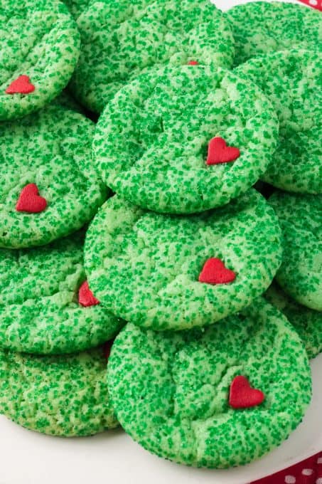 Red hearts on green sugar cookies for the Grinch.