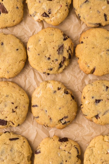 Cookies made with Peppermint Bark.