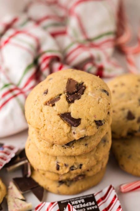 Crushed pieces of peppermint bark in Christmas cookies.