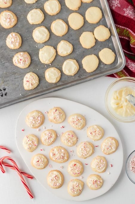 Peppermint Cream cheese and candy canes over small buttery cookies.