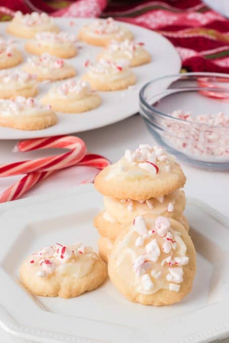 Small buttery cookies with peppermint cream cheese frosting.