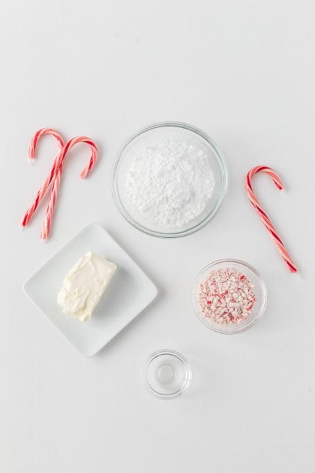 Peppermint Cream Cheese Frosting ingredients for Peppermint Meltaways.