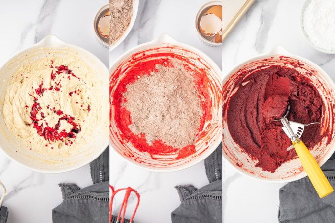 Second set of process photos for Red Velvet Crinkle Cookies.