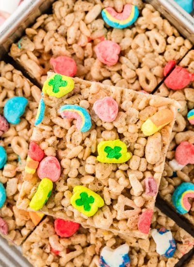 Rice cereal treats made with Lucky Charms cereal.